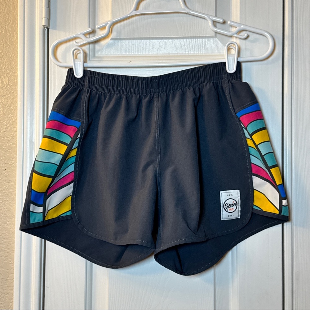 Spin ULT. Gray and Colorful Side Athletic Shorts Women's Size Medium